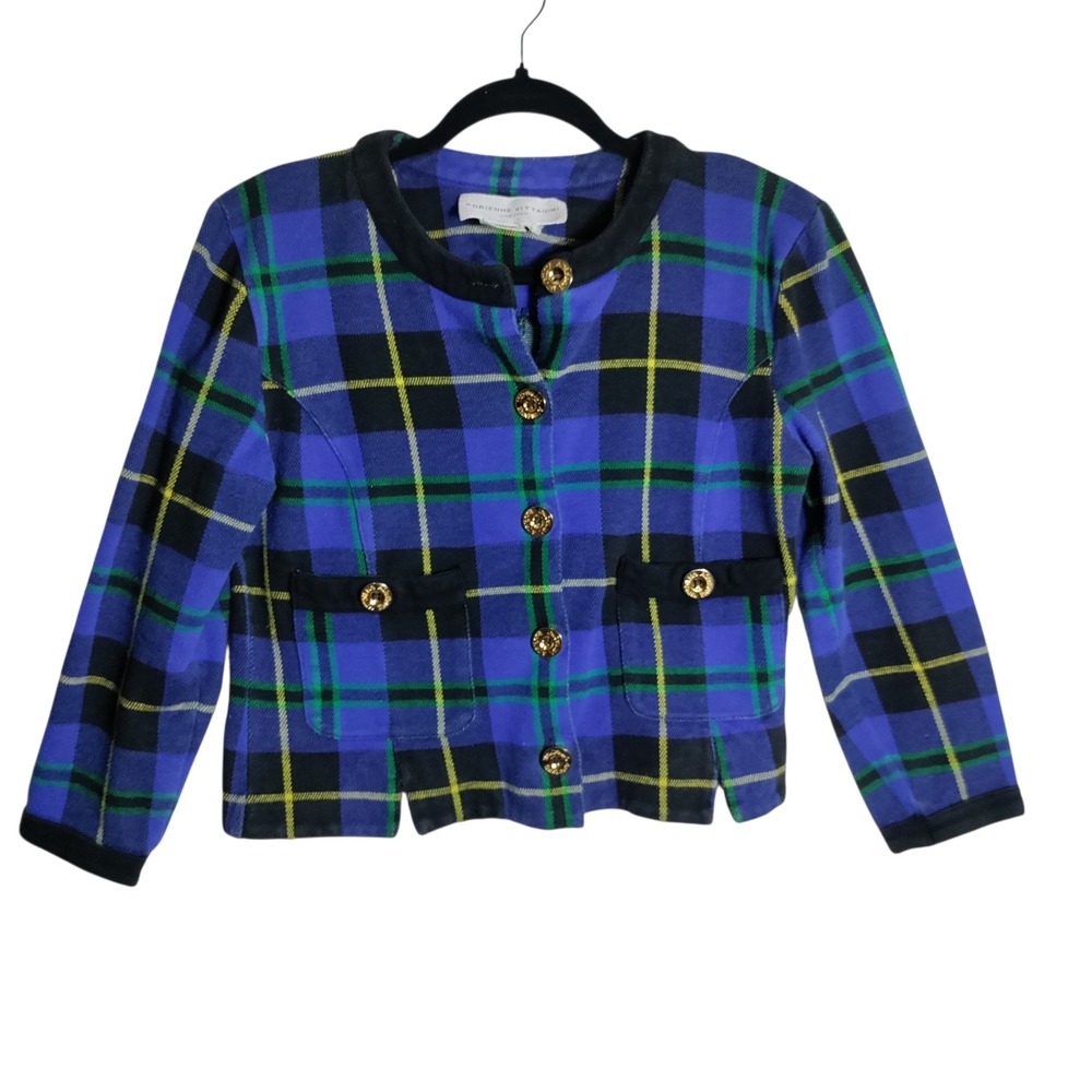 Adrienne Vittadini Vintage Plaid Cropped Blazer Blue Green Tartan Gold Button 8